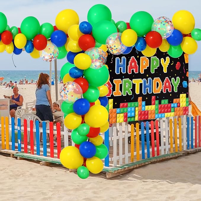 Blosssound Building Block Birthday Party Decorations Color Block Backdrop Banner Decor 114 Pcs Brick Theme Balloons Arch Kit for Men Women Building Party Favors Supplies