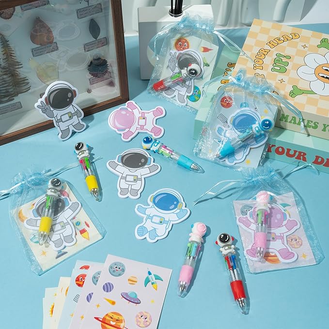 CY2SIDE Space Stationery Party Gift - 12 Pack Spring Gifts Stuffer with Outer Space 4-in-1 Ballpoint Pen Sticky Note Sticker and Organza Astronaut Party Favors Goodie Bag Fillers for School Rewards