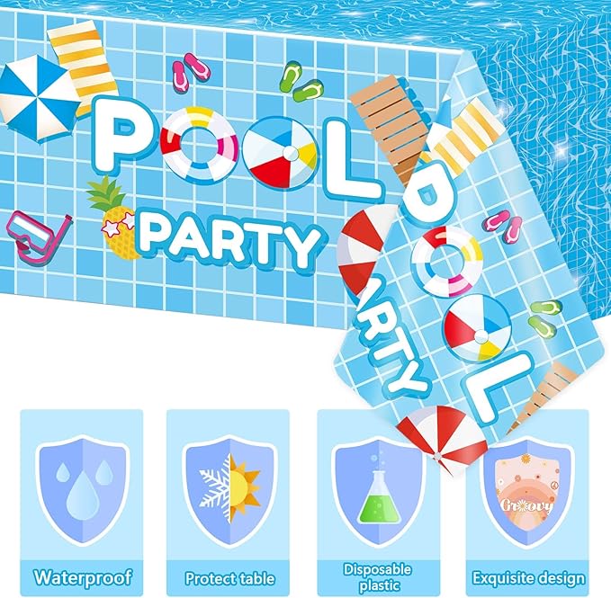 3 Pieces Pool Tablecloths for Summer Beach Decorations - Plastic Disposable Surfboard Table Covers for Rectangle Tables - Hawaiian Birthday Baby Shower Party Supplies Favors