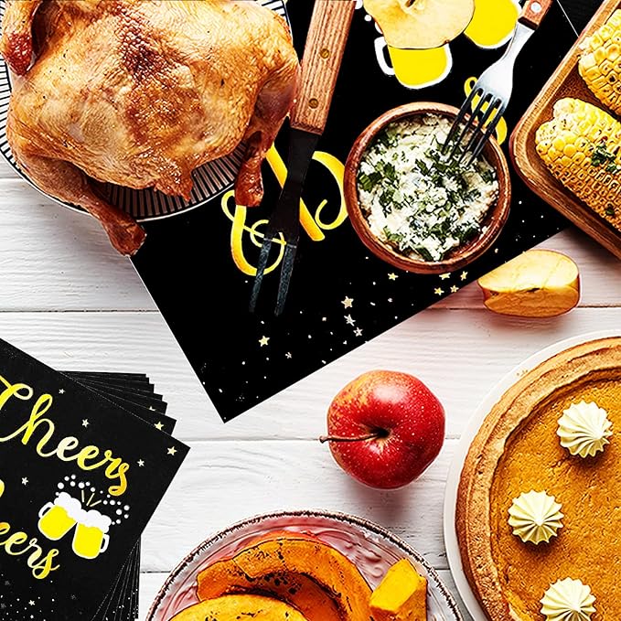 40 Pcs Cheers & Beers Napkins Cheers Beer Party Supplies Disposable Cocktail Napkins Black and Gold Foil Paper Napkins for 30th 40th 50th 60th 70th 80th 90th Birthday Wedding Anniversary Decoration