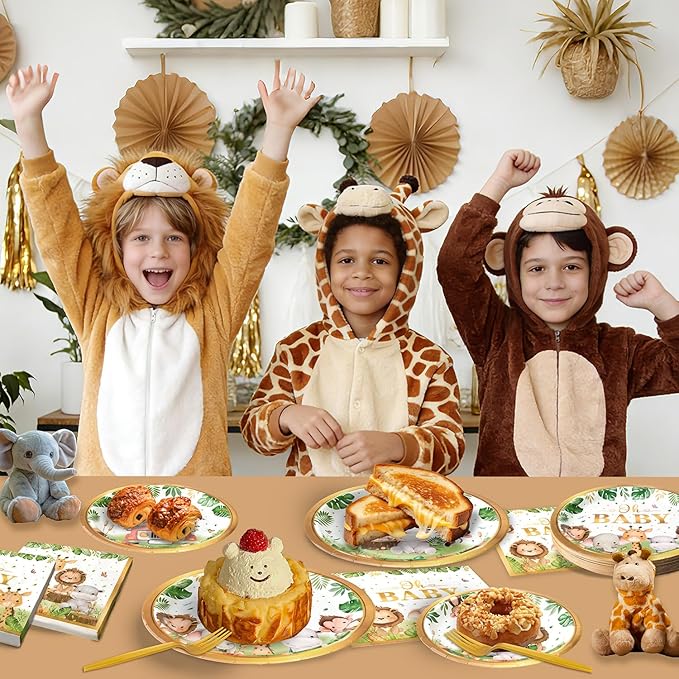 96 Pcs Safari Baby Shower Plates and Napkins Tableware Set (Serves 24), Plates Napkins and Forks Sets, Party Supplies, Jungle Safari Baby Shower Decorations