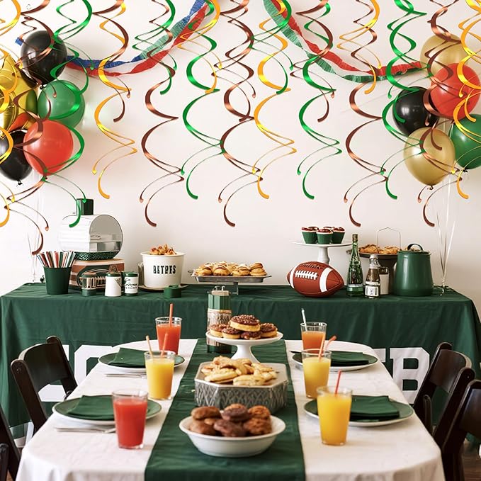 Colorful Ceiling Swirl Foil Decorations Football Hanging Plastic Streamer Themed Swirl Party for Football Party Touchdown Sports Graduation, Pack of 28
