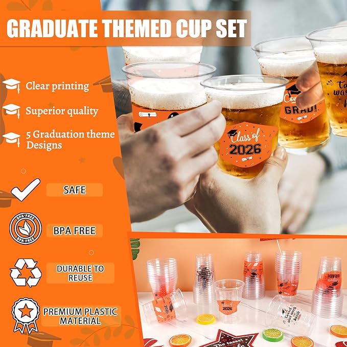 GuassLee Black and Orange Graduation Decorations Class of 2026, 50 Pack 12 oz Graduation Plastic Disposable Cups for Drinks 2026 School Grad Party Favors Supplies