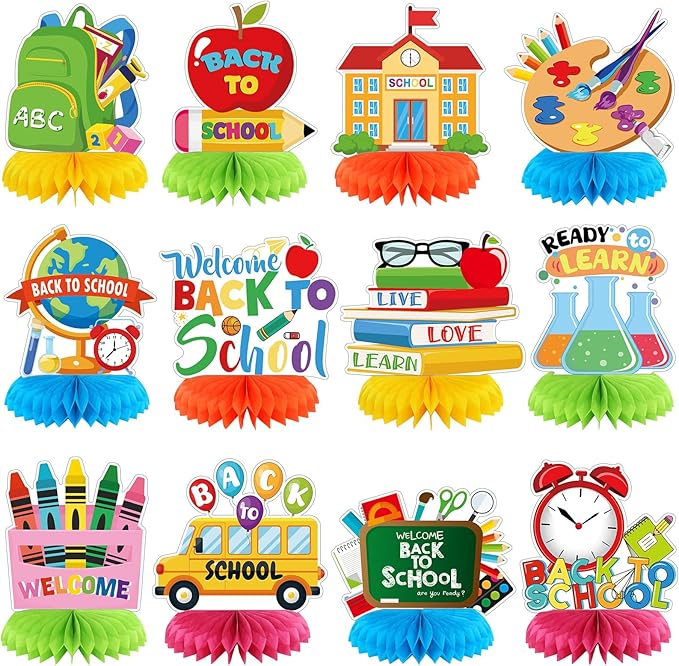12 Pcs Welcome Back to School Decorations Honeycomb Centerpieces First Day of School Table Decoration Book Pencils Backpack Bus Table Topper for Party Favors Supplies