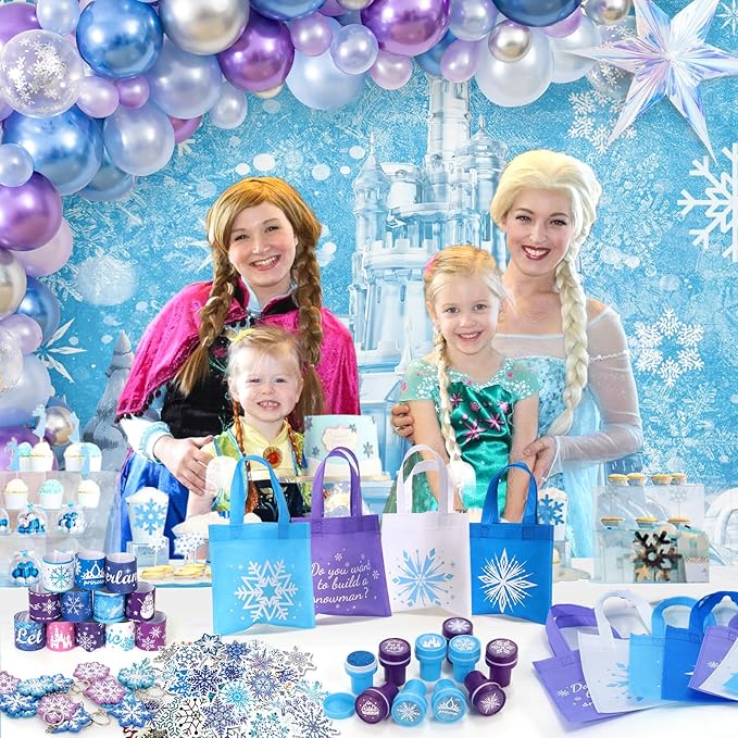 Winrayk 98Pcs Frozen Party Favors Birthday Supplies, Non Woven Tote Bag Stamper Snowflake Keychain Sticker Slap Bracelet, Pinata Filler Goodie Stuffer Classroom Prizes Kids Girls Winter Frozen Decor