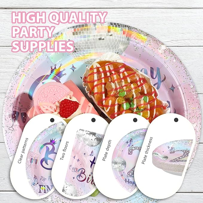 96Pcs 21st Birthday Party Decorations for Girls Plates and Napkins Iridescence Silver Pink 21st Tableware for Girls The Twenty-First Birthday Party Decorations Serve 24