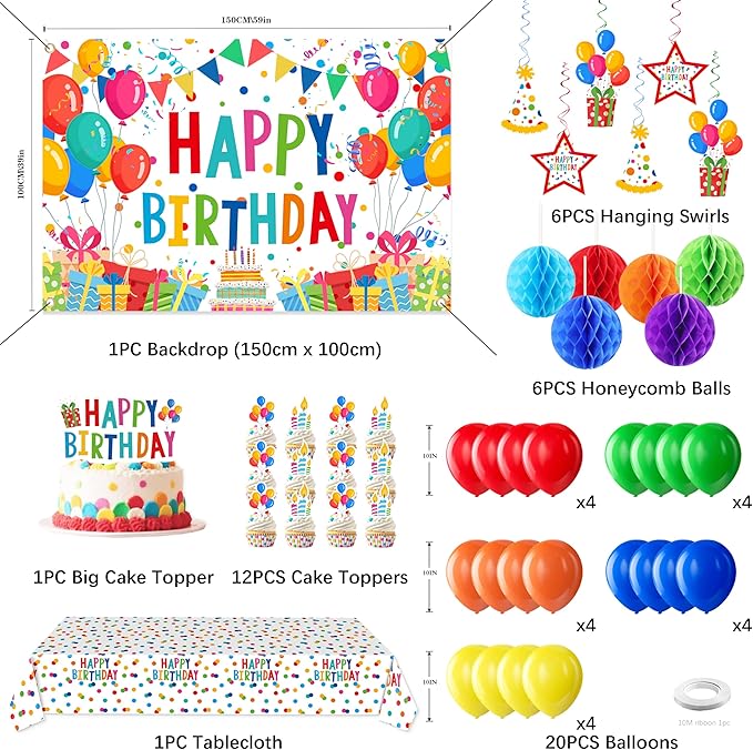 Happy Birthday Decorations For Women Men,Birthday Backdrop,Banner Balloons,Table Cloth,Paper pom poms Party Supplies for Girls Boys (Colorful)