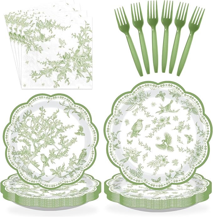 96Pcs Green Hummingbird Flowers Party Supplies Sage Green Bird Floral Plates and Napkins Disposable Vintage Spring Floral Tableware Set for Birthday Picnic Dinner Party Decorations Serves 24