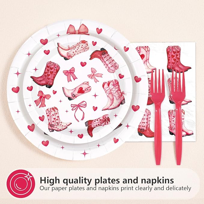 200Pcs Valentine's Day Party Decorations Boots and Bows Plates and Napkins Pink Western Cowgirl Tableware Sets for Valentines Birthday Bachelorette Party Supplies Serves 50