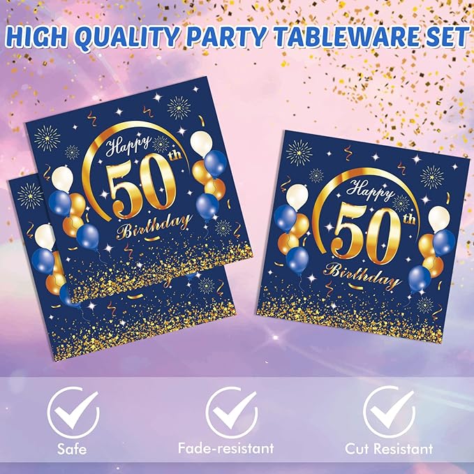 40 PCS Blue Gold 50th Birthday Party Decorations 50th anniversary decorations Disposable Dinnerware Set Include Plates Napkins for Man 50 Years Old Party Decor