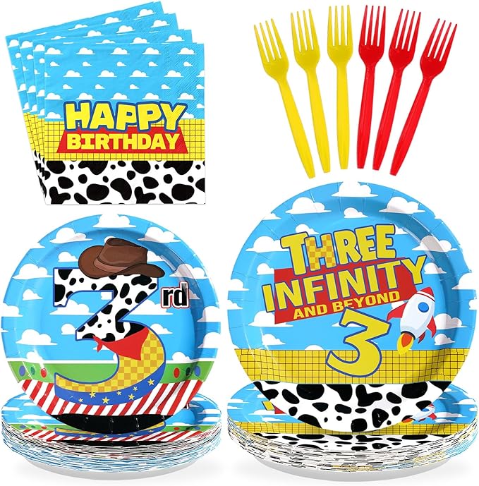 96Pcs Toy Cartoon Story 3rd Birthday Decorations Cow Print Blue Sky White Cloud Plates and Napkins Disposable Toy Inspired Story Cartoon Theme Tableware Set for Boy 3rd Birthday Party Supplies Serve24