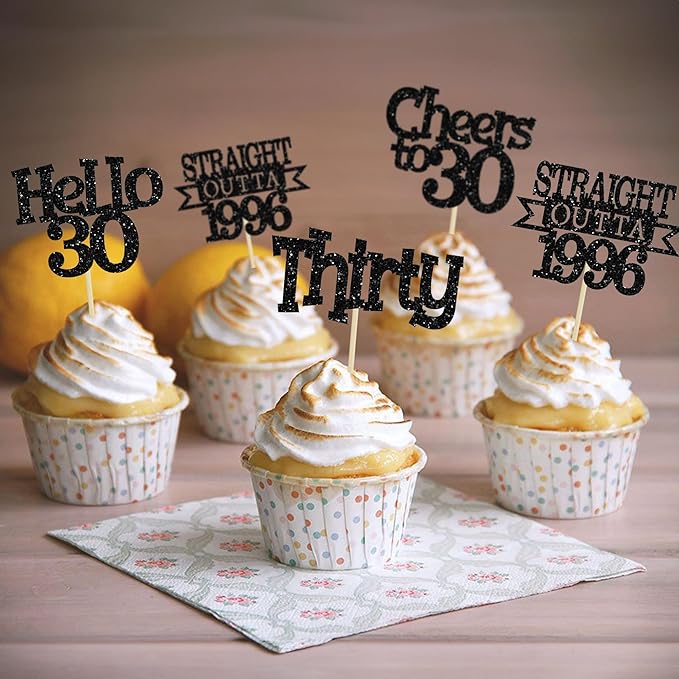 Ephlyn 24Pcs Happy 30th Birthday Cupcake Toppers Glitter Thirty Cupcake Picks Hello 30 Cheers to 30 Years Cake Decorations for 30th Birthday Anniversary Party Decorations Supplies Black