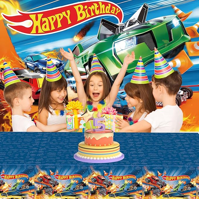 Hot Race Car Themed Party Decorations, Car Wheel Birthday Party Supplies Include Plastic Table Covers(42.5x70.8inch) and Photography Backdrop(59x39inch) for Kids Truck Party Favors