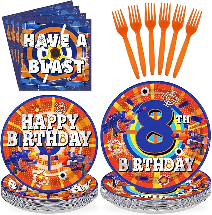 96Pcs Dart War 8th Birthday Party Supplies Dart War 8th Birthday Theme Plates and Napkins Blue and Orange Tableware Set for Boys' 8 Years Old Birthday Party Decoration Serves 24