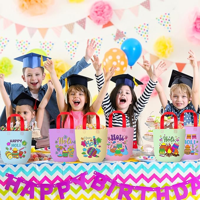 Holi Coloring Goodie Bags for Kid - 24Pcs Happy Holi Color Your Own Gift Bags with Handle Reusable Non Woven Coloring Tote Packet for Classroom DIY Painting Indian Festival Holiday Spring Party Favor