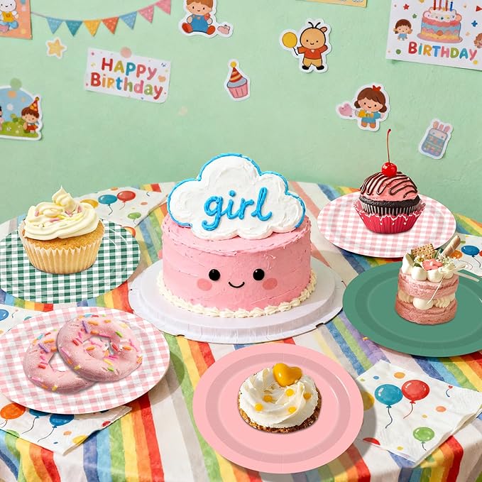 48PCS Gingham Paper Plates, 7 Inch Pink Green Plaid Plates Disposable Dessert Plates Party Supplies for Picnic Wedding Baby Shower Birthday Party Deorations Table Decor