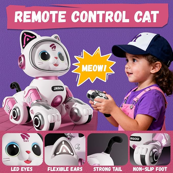 RC Stunt Robot Cat Toys for Ages 8-13 with LED & Sounds, Rechargeable Interactive Remote Control Pet Puppy for 8+ Year Old Kids Girls Boys Birthday Gift, Dancing, Walking & Touch Sensing