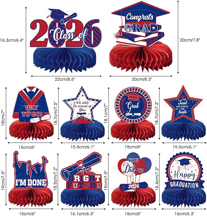 10PCS Graduation Party Decorations Class of 2026 Congrats Grad Table Centerpieces Congratulate Graduation Honeycomb Table Toppers for Graduation Party Supplies(Blue Red)