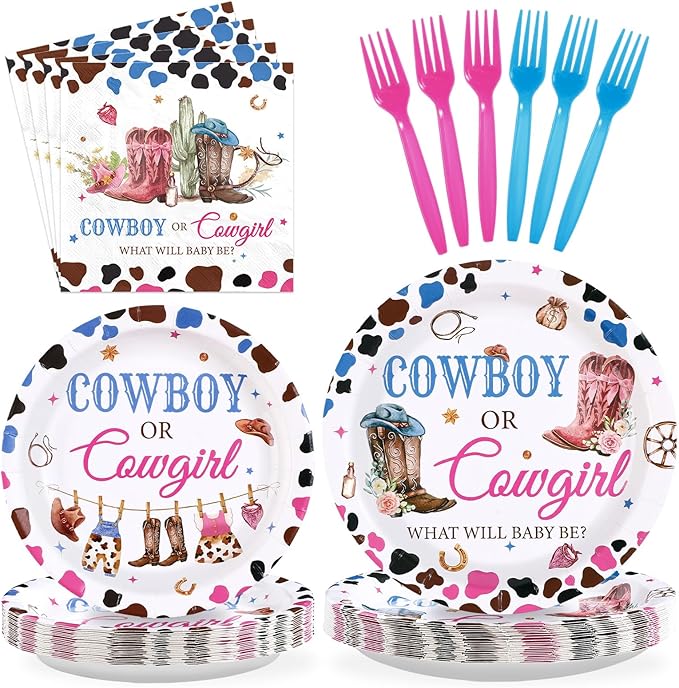 Grencian 96Pcs Western Gender Reveal Decorations Cowboy or Cowgirl Gender Reveal Plates and Napkins Boy or Girl Paper Tableware for Western Rodeo Cowboy or Cowgirl Baby Shower Decorations, Serves 24