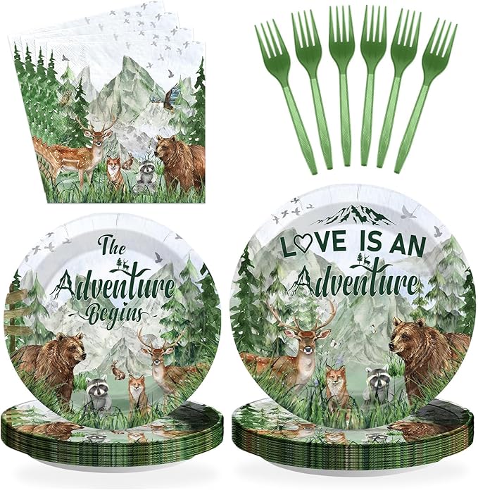 96Pcs Woodland Bridal Shower Decorations The Adventure Begins Plates and Napkins Forest Theme Tableware Set for Girls Women Woodland Bridal Shower Engagement Wedding Party Supplies Serves 24