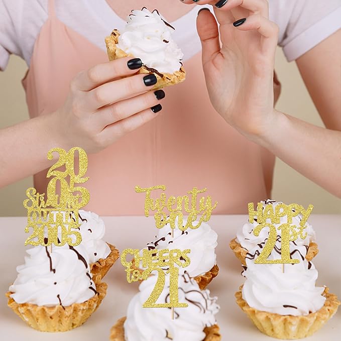 30PCS Happy 21st Birthday Cupcake Toppers Gold Glitter Twenty One Straight Outta 2005 Cupcake Picks Cheers to 21 Years Cake Decorations for 21st Birthday Anniversary Party Decoration Supplies