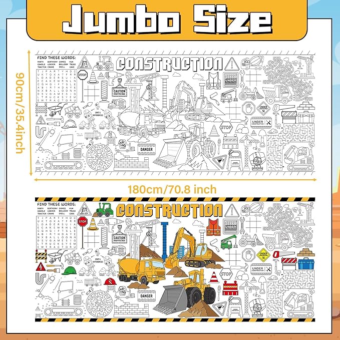 Construction Giant Coloring Poster for Kids Large Coloring Tablecloth Big Paper Sheets Page Dump Truck Table Cloth DIY Activity Game Art Crafts Mat Wall Home Classroom Party Decoration Supplies