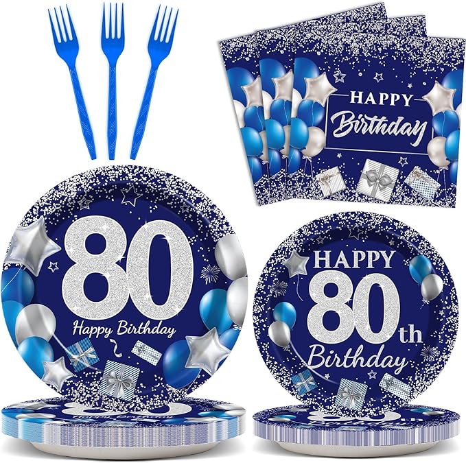 96 Pcs 80th Birthday Party Supplies Navy Blue and Silver Birthday Plates 80th Birthday Paper Tableware Happy Birthday Party Plates and Napkins Forks Blue Birthday Table Decorations for 24 Guests