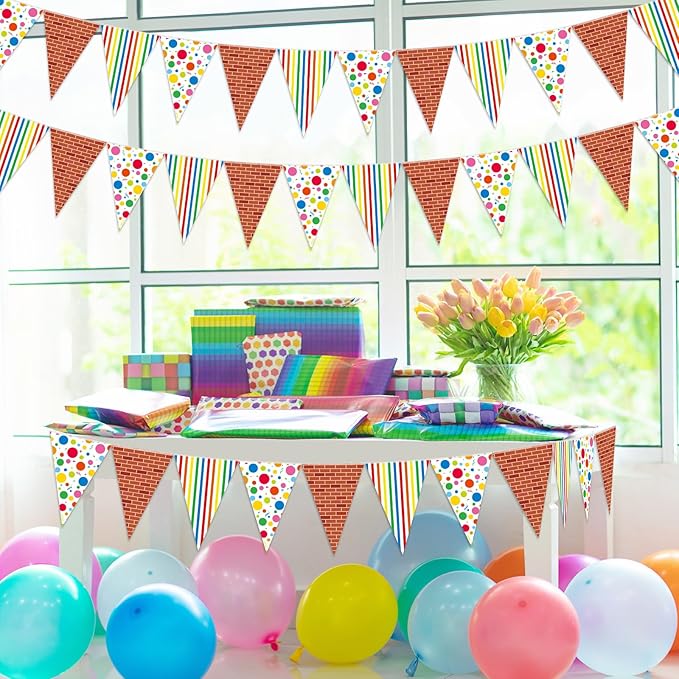 Jetec 5 Pcs 49 Ft Cartoon Friends Birthday Party Decorations Pennant Banner Red Brick Triangle Bunting Flags Green Blue Red Theme Party Supplies for Indoor Outdoor Hanging Decor Favors