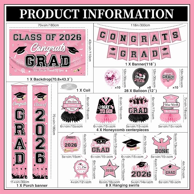 Graduation Decorations Class of 2026 Pink Graduation Party Decor Set include Congrats Grad Banner Backdrop Class of 2026 Balloons Party Supplies