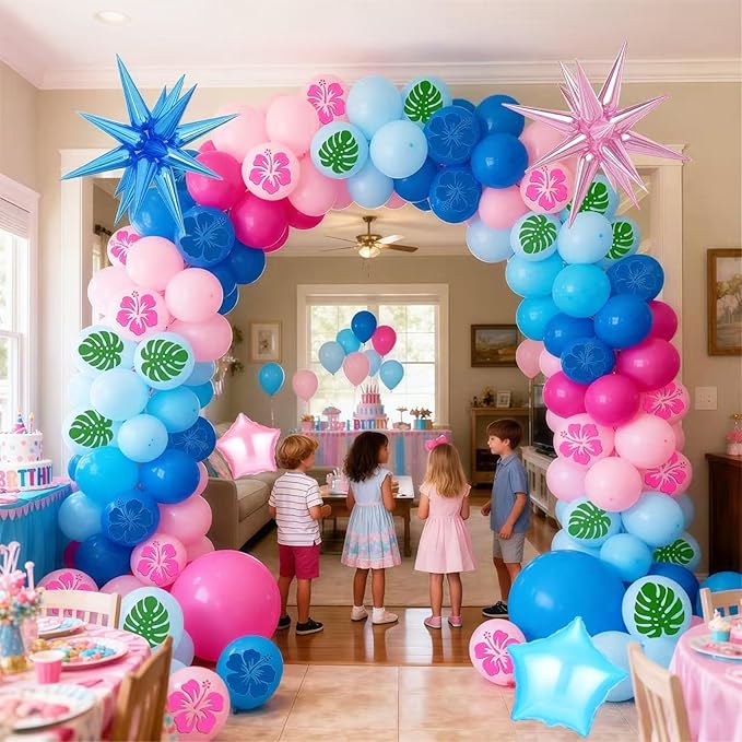 141 PCS Blue Pink Light Blue Balloon Garland Arch Kit, Hawaiian Cute Print Balloons for Cartoon Themed Birthday Party Decorations Boys Girls Gatherings Party Supplies