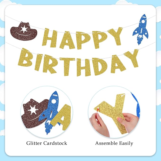 Glitter Toy Theme Happy Birthday Banner Cartoon Story Birthday Party Decorations Toy Inspired Game Space Theme Kids Birthday Banner Two Infinity and Beyond Bday Party Supplies