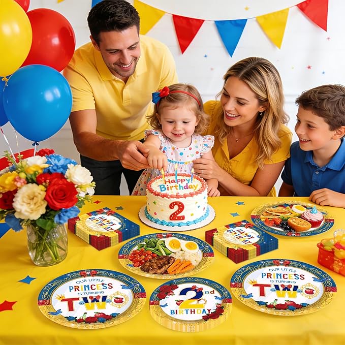 96 Pcs Snow Princess 2nd Birthday Party Supplies Cartoon Snow Plates and Napkins Red Blue Yellow Tableware Set for Girls 2nd Birthday Baby Shower Princess Theme Party Supplies, Serves 24