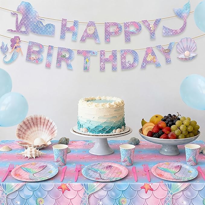 122 Pcs Mermaid Birthday Decorations Under the Sea Party Supplies Include Mermaid Banner Seashell Plates Napkins Tablecloth Cups Forks Pink Blue Ocean Theme Dinnerware Set, Serves 24