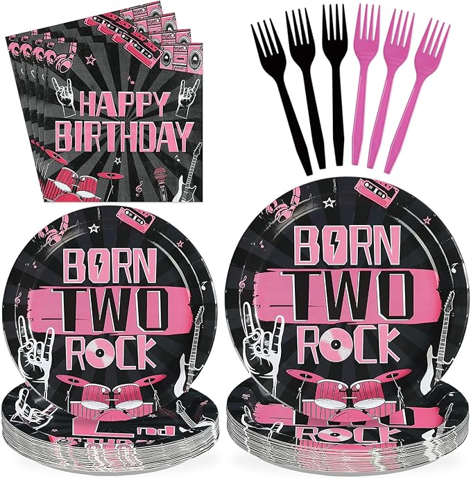 96Pcs Bad Two The Bone Birthday Decorations Rock and Roll 2nd Birthday Plates and Napkins Black Pink 2nd Tableware for 2 Years Old Rock Band Music Birthday Retro Bday Party Supplies Serves 24