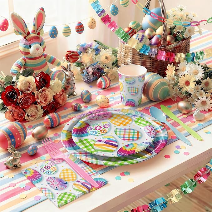 168PCS Easter Party Supplies Watercolor Easter Eggs Party Decorations Colorful Tie-dye Paper Plates Napkins Cups and Forks for Spring Celebration Easter Day Egg Hunt Holiday Brunch Serves 24