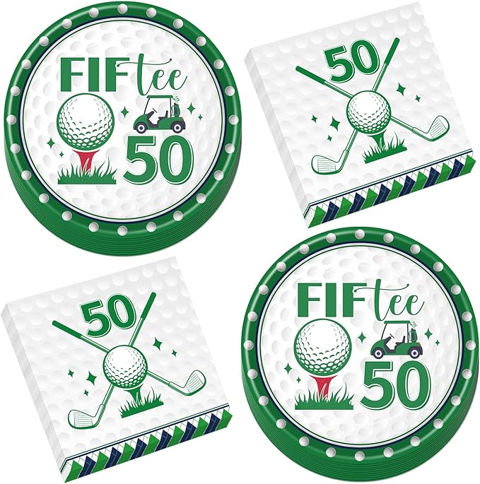 Rakuto Golf 50th Birthday Decorations - 50 Pcs Fiftee Golf Themed Party Plates and Napkins Set Supplies, Disposable Tableware Decorations for Men Women Sports Birthday Party Serves 25 Guests