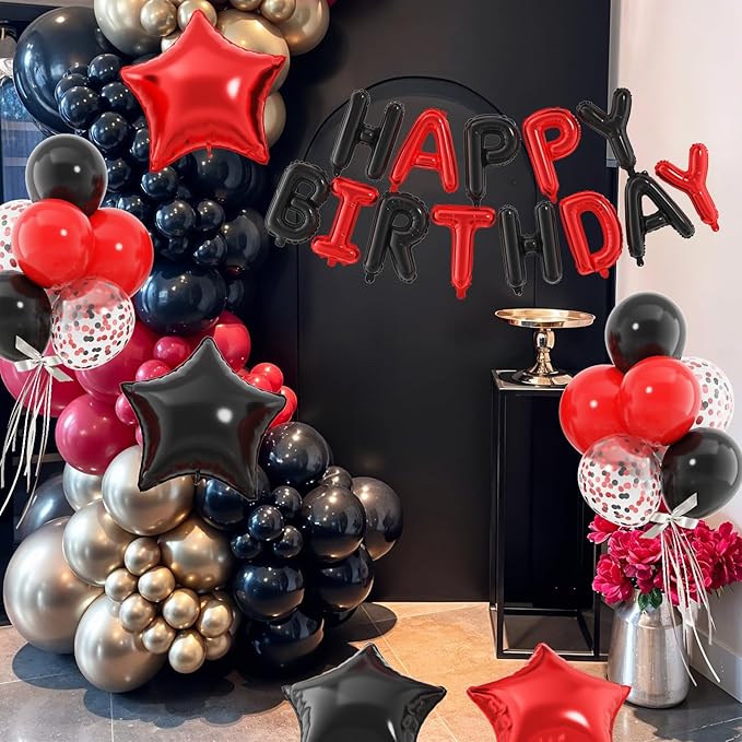 29PC Red Black Happy Birthday Balloon Banner, 16 Inch 3D Letter Banner Sign, Black Red Confetti Latex Balloons Helium 18 Inch Star Foil Balloons for Kids, Women, Men Birthday Party Decor