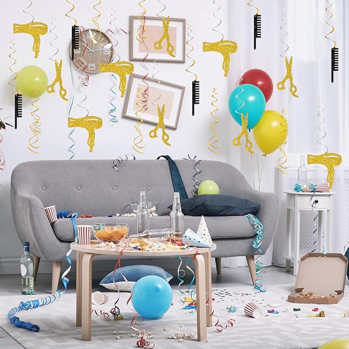 Barber Hanging Swirl Decorations - Glitter 21 Pcs Haircut Salon Party Supplies - Barber Bday Birthday Party - Engagement - Haircut Salon Streamers - Hair Salon Foil Swirls Ceiling Decorations