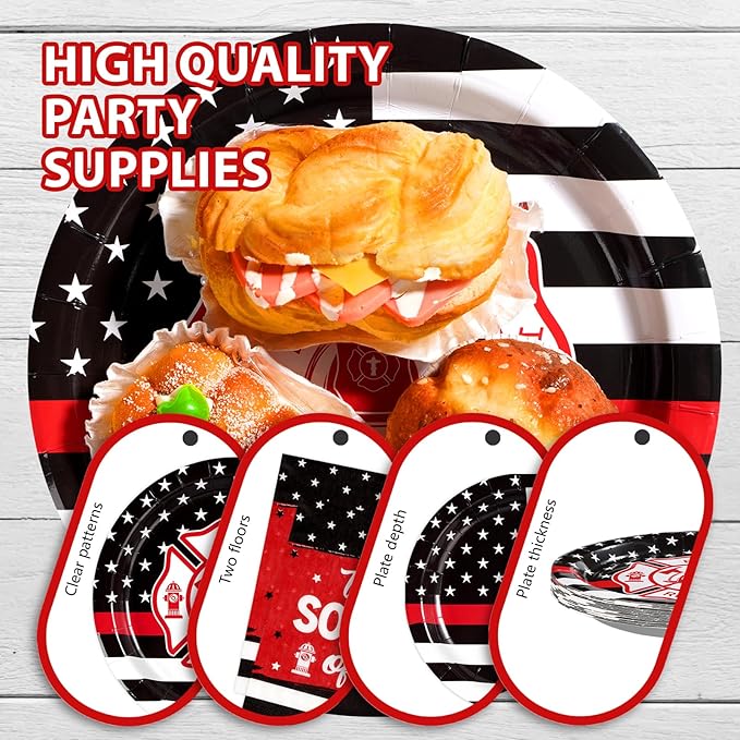 96 Pcs Firefighter Party Supplies Official Thin Red Line Flag Pattern Plates and Napkins Fire Truck Red and Black Graduation Plates for EMT Firefighter Retirement Graduation Birthday Party Decorations