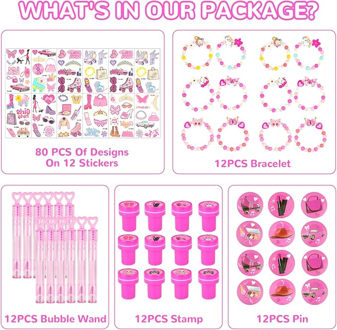 128 PCS Hot Pink Party Favors Decorations ,Princess Birthday Supplies Bracelet Stickers Pin Stamp Bubble Wand Gifts Stuffers for Girls Kids