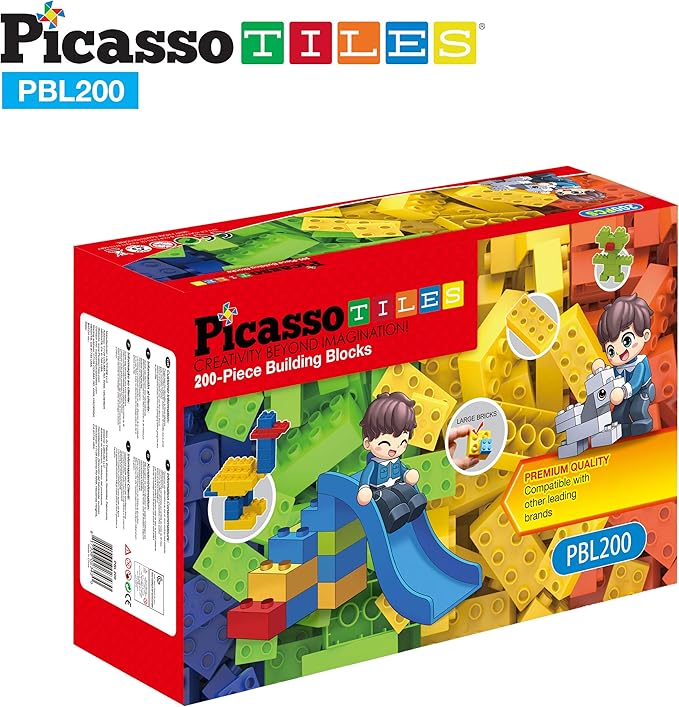 PicassoTiles 200 Piece Large Construction Brick Building Blocks STEM Bricks Toy Set Creative Learning Early Education Playset 5 Colors 4 Unique Shapes Mix & Match Toys for Kids Boys Girls Child Age 3+