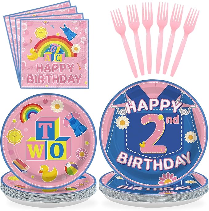 96Pcs 2nd Birthday Party Decorations Girls Pink Cartoon Teaching Plates and Napkins Cartoon English Teacher Theme Tableware Set for Girl Birthday Baby Shower Party Supplies，Serves 24