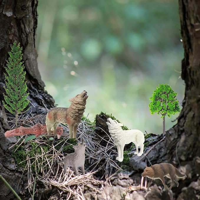 Sratte 26 Pcs Woodland Wolf Figurines Toys Small Wolf Figures with Model Trees Kit Playset Cake Toppers Diorama Project Kit for Kids Toddlers Birthday Gift Decor