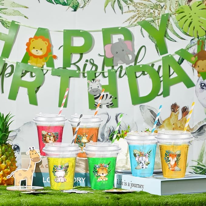 Boao 36 Set Jungle Safari Animal Themed Party Favors Plastic Cups 14 oz Birthday Party Supplies Cups with Plastic Lids and Paper Straws for Jungle Safari Animal Theme Birthday Gift