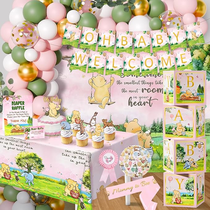 154 PCS Pink Winnie Baby Shower Decorations Kit Vintage Winnie Party Supplies Decorations, All-in-1-Balloon Garland Arch Backdrop, Tablecloth, Cake Topper, Banner, Box Decorations for Girl Baby Shower