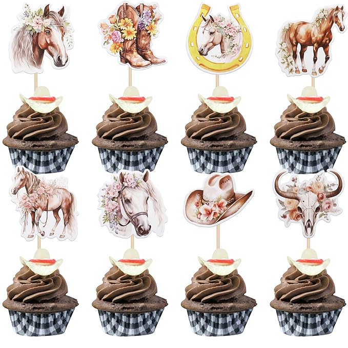 ZHUOWEISM 40 PCS Horse Cupcake Toppers - Western Cowgirl Cupcake Picks - Floral Horseshoe Hat Boots - Cake Decorations for Horse Theme Parties, Baby Showers, Girls Birthday Parties - Pattern A8