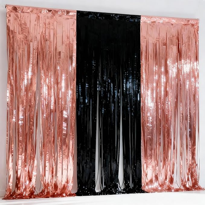 3 Packs Black and Rose Gold Foil Fringe Curtains, Birthday Party Decorations Backdrop Tinsel Steamer, Wedding Engagement Bridal Shower Decorations Retirement Decor Graduation Party Backdrop