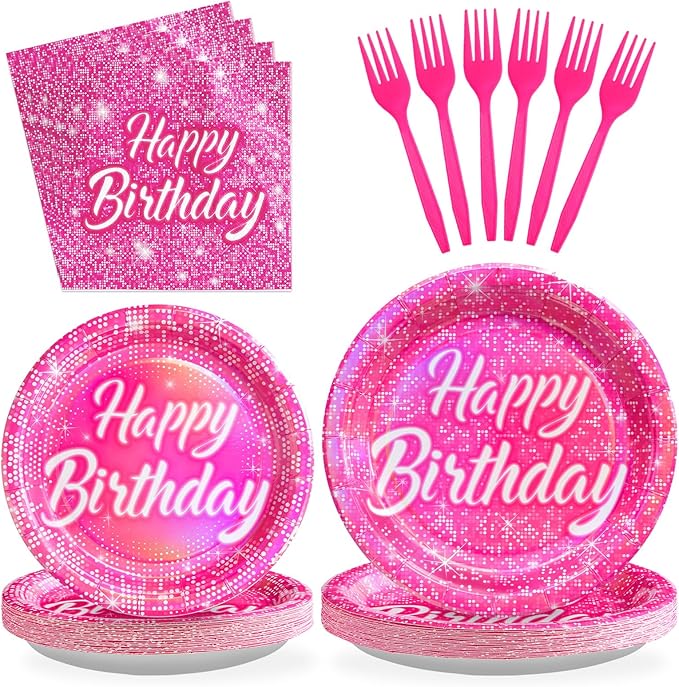 96Pcs Hot Pink Birthday Party Supplies Disco Rainbow Pastel Holographic Plates and Napkins Tableware Sets Hot Pink Iridescent Decoration Favors for Girls Princess Mermaid Disco Themed Party Serves 24