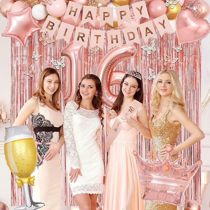 Amandir Sweet 16 Party Decorations, 16th Birthday Decorations for Girls Rose Gold Pink Foil Number Balloons Table Cloth Crown Sash Fringe Curtains Happy Birthday Banner Butterfly Party Supplies