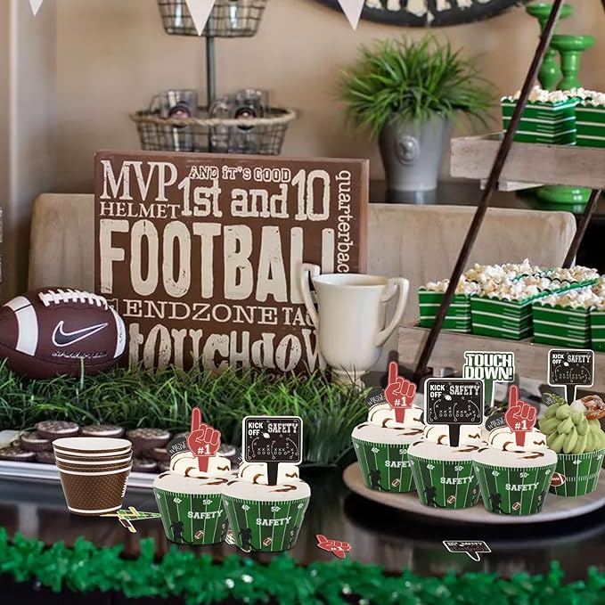 48 Pack Football Cupcake Toppers and Wrappers, Rugby Touchdown Cake Decoration for Football Theme Birthday Party Sports Game Day Party Supplies